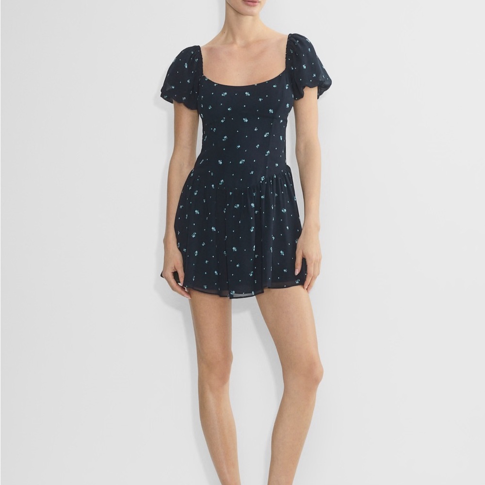 Aritzia Navy Blue Mini Dress with Floral Print